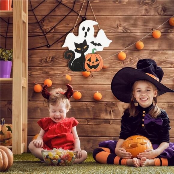 Halloween Decoration Wooden Ghost Door Halloween Wreaths for Front Door Sign - Picture 5 of 8